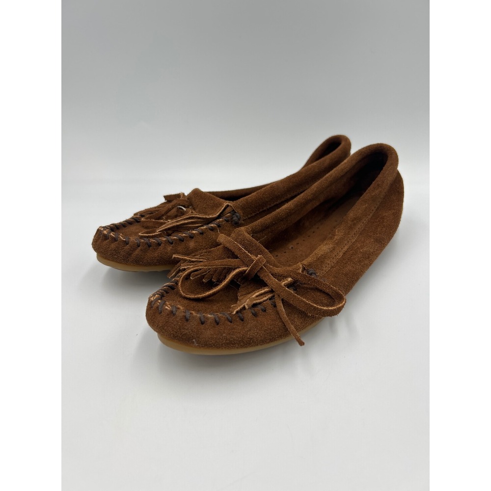 Minnetonka Kiltie Moccasin Suede Brown Fringe Slip On Shoes Womens 6 402